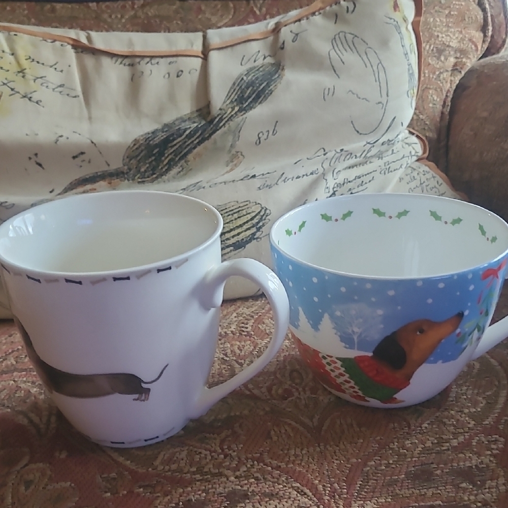 Dachshund Design Ceramic Mug Duo - White and Blue